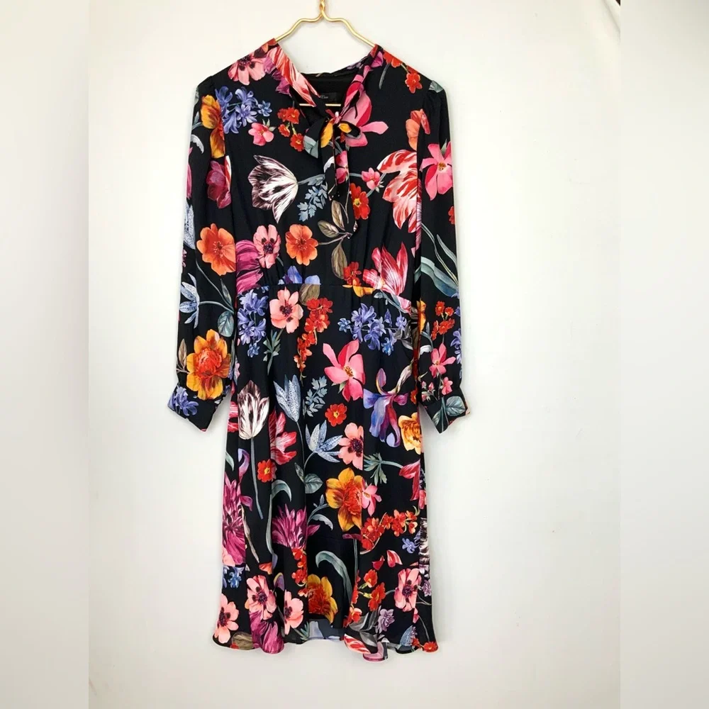 J. Crew Sz 0 Midnight Dutch Floral Tie-Neck Long Sleeve Midi Dress Feminine